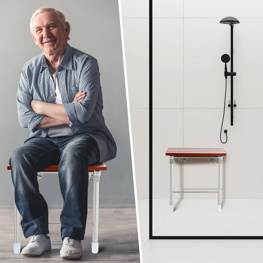 Geetery Folding Shower Seat Wall Mounted‎ 18 Inch Wood Bench w/ Legs 400 lbs